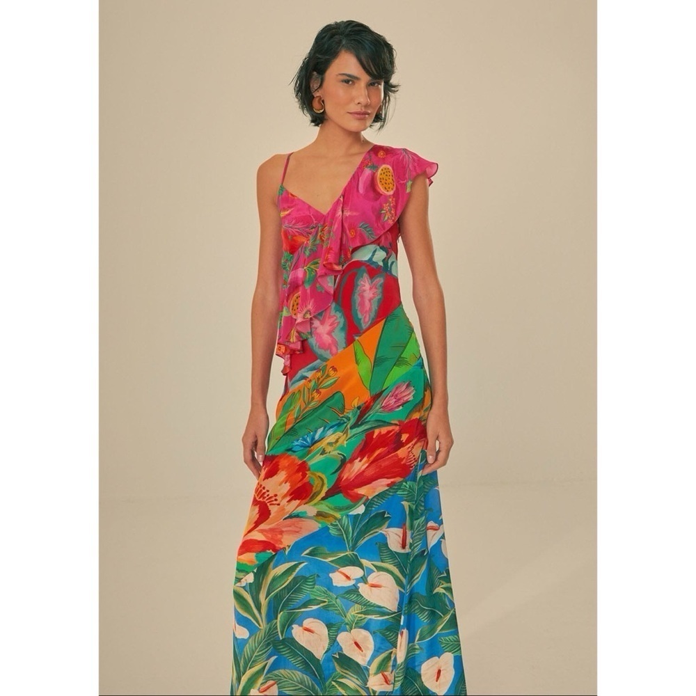 Farm Rio Mixed Flowery Ruffle One Shoulder Midi Dress Tropical Floral Medium - Picture 16 of 17